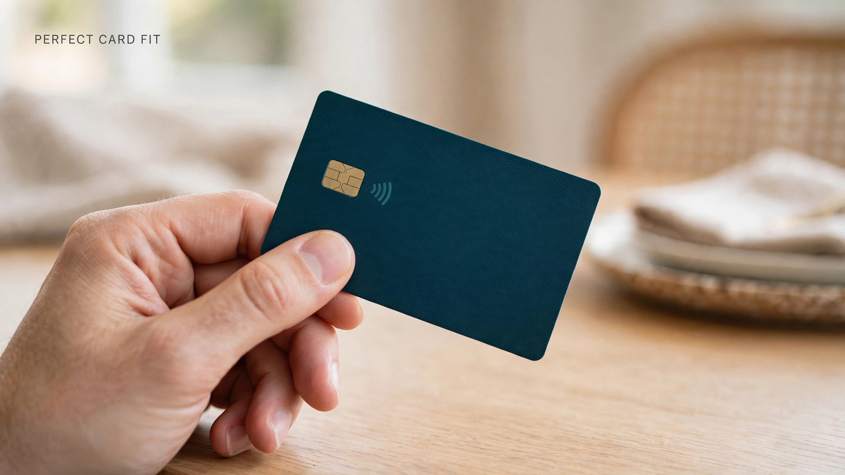 A hand holds a credit card wearing a deep-teal vinyl skin with a clean chip cutout over a wooden table.