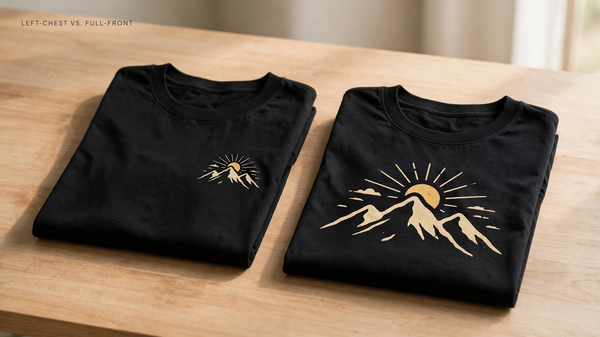 Two folded black tees comparing a small left-chest mountain print with a large full-front print.