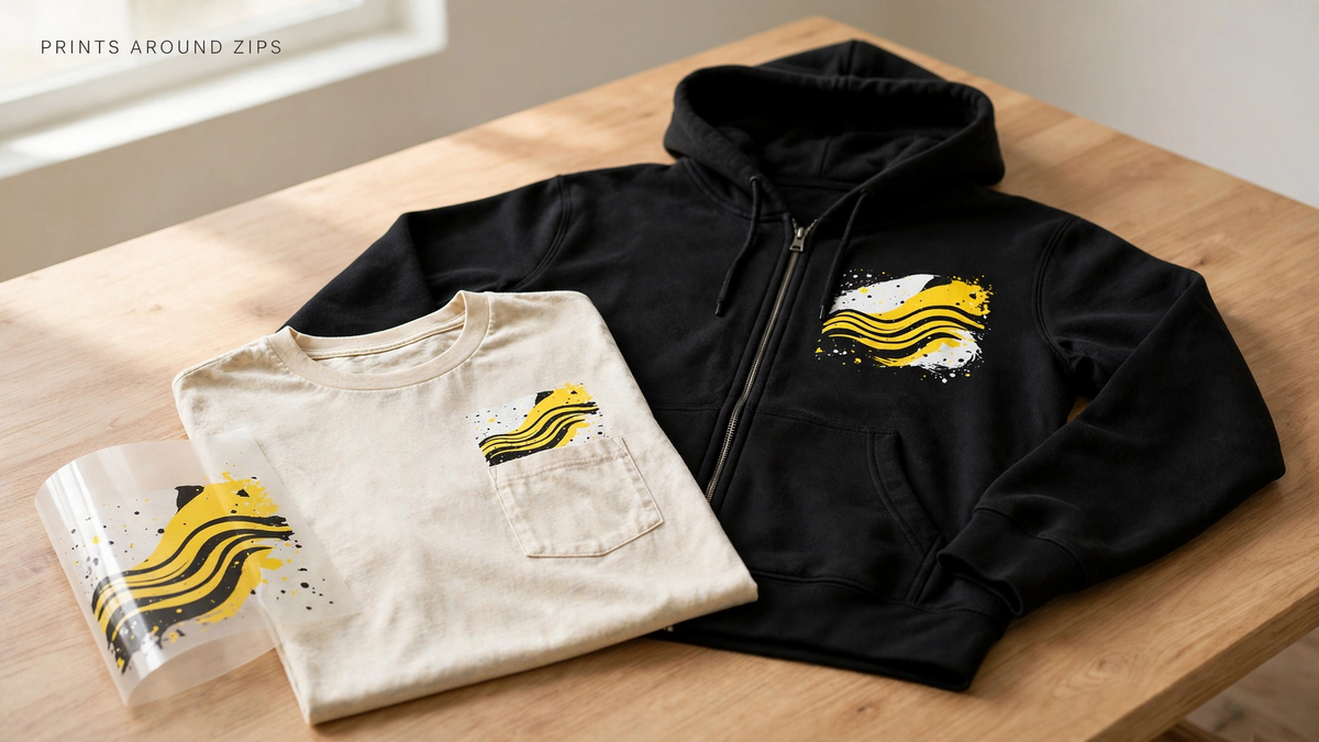 A zip hoodie and pocket tee with wave prints placed to avoid zippers and pockets, plus transfer film.
