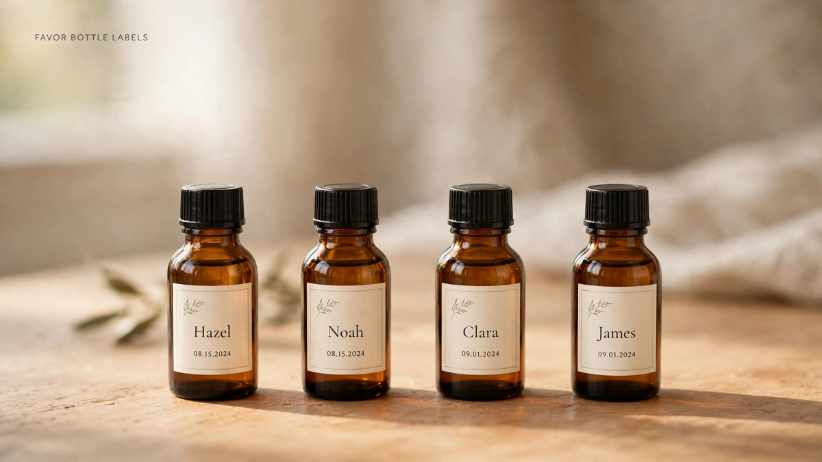 Four small amber favor bottles with personalized name-and-date labels in a row.