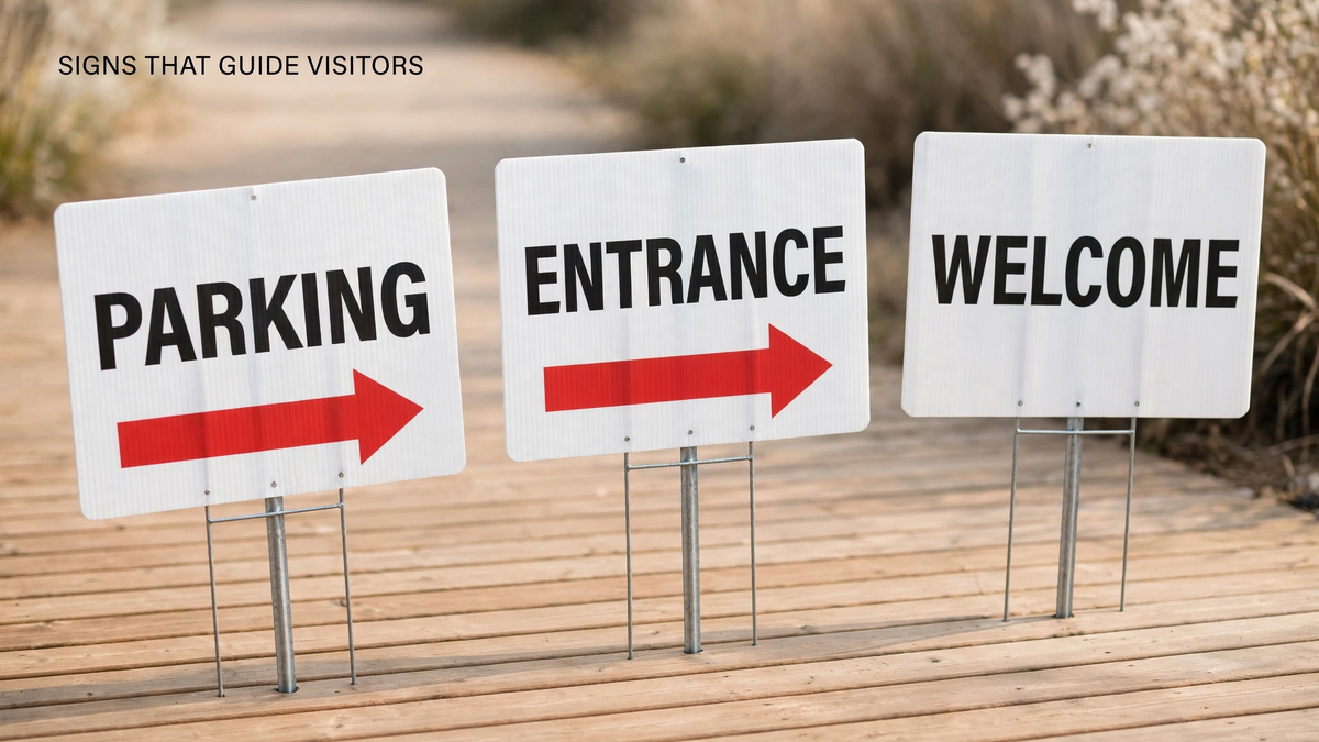 Three white corrugated yard signs reading Parking, Entrance, and Welcome staked along a boardwalk
