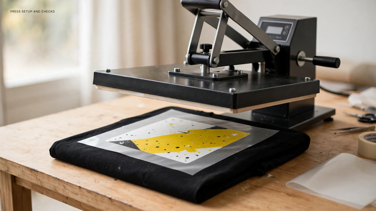 Heat press machine pressing a transfer film onto a folded black shirt