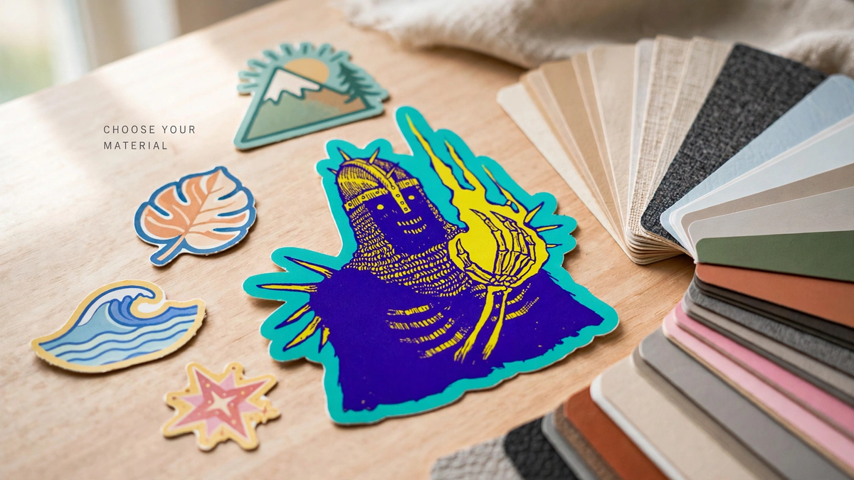 Colorful die-cut vinyl stickers arranged beside fanned material swatch chips on a light wood table.