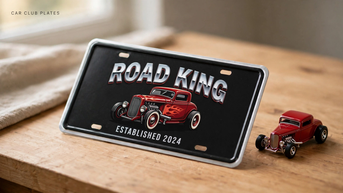 An aluminum novelty license plate with a vintage car club emblem beside a small red model hot rod on a wooden workbench.