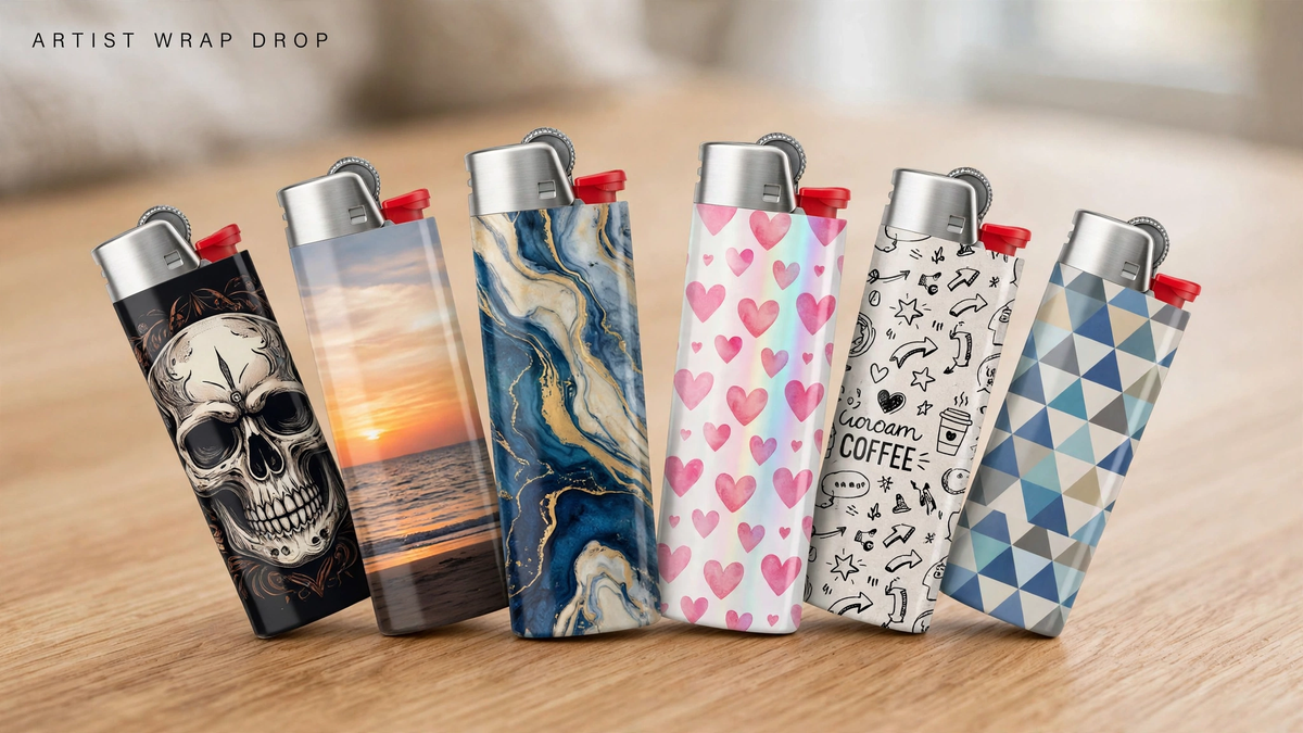 Six artist-designed wrapped lighters with skull, sunset, marble, heart, doodle and triangle artwork fanned on a wood table