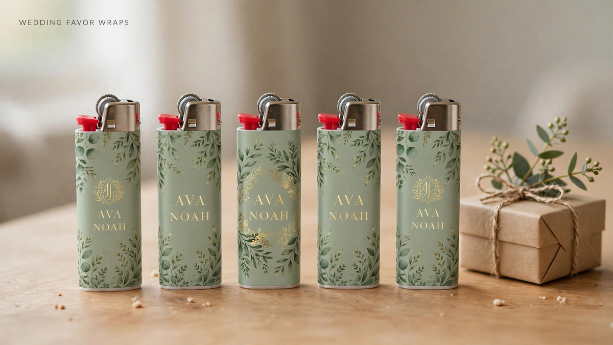 Five wedding favor lighters with sage botanical wraps reading AVA NOAH beside a kraft gift box