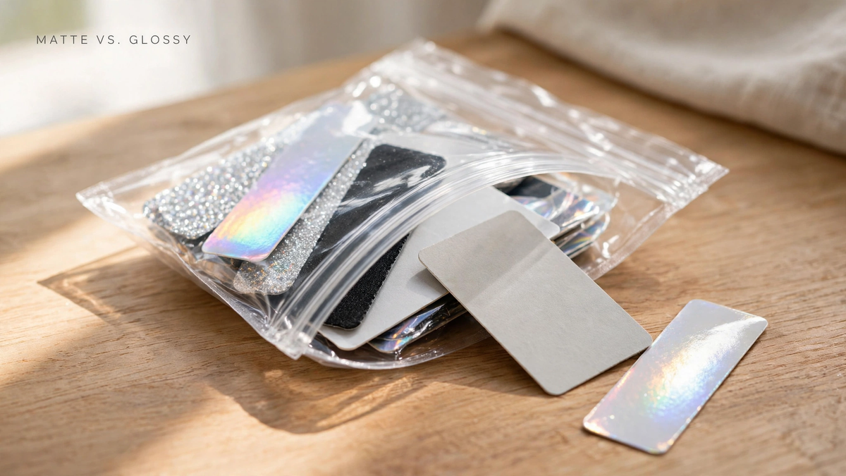 A clear sample pouch of sticker material swatches with matte and glossy swatches pulled out on a wood table.