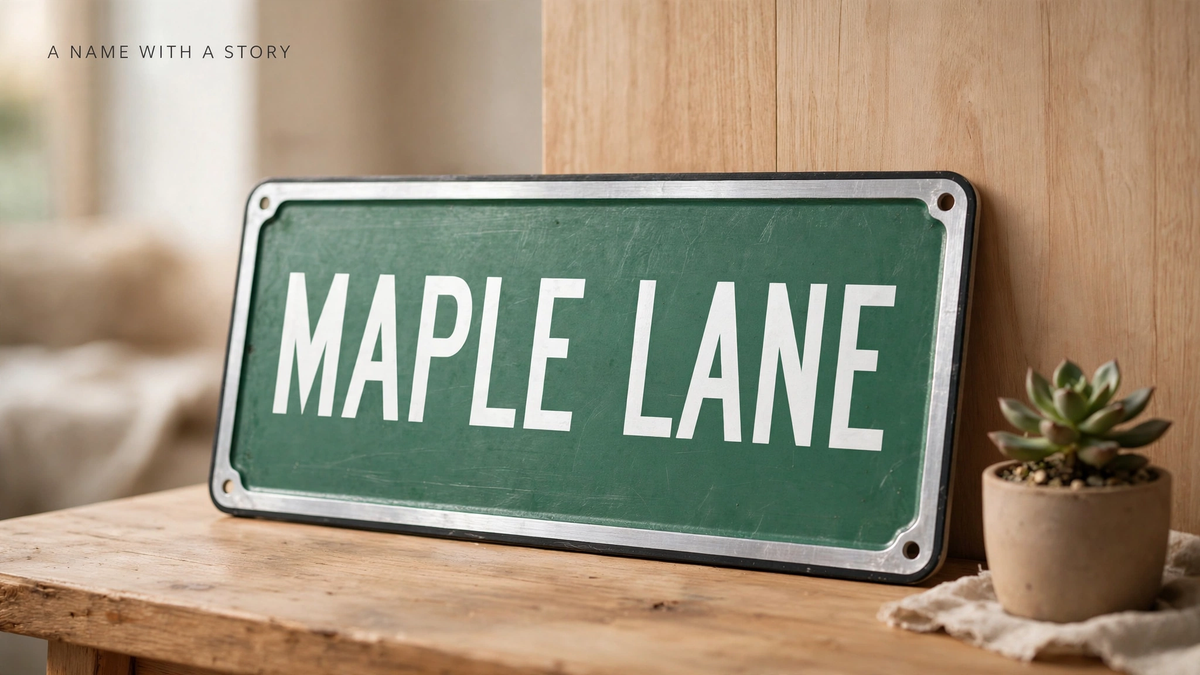 A green aluminum street sign reading Maple Lane leaning on a wooden table