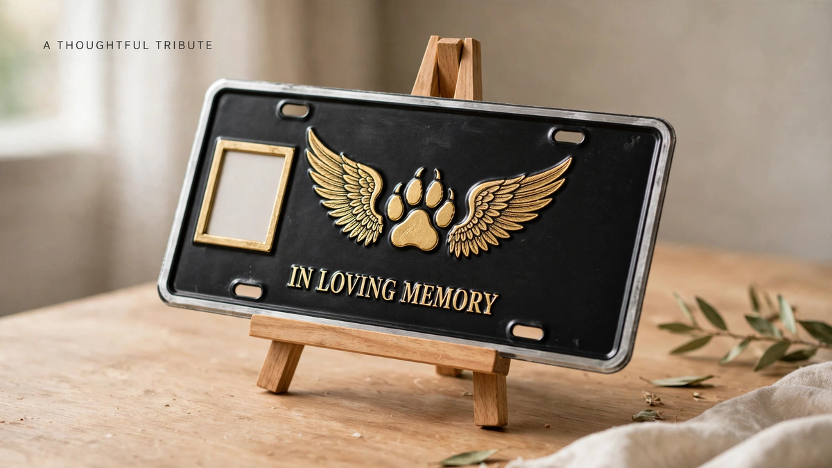 Black aluminum memorial license plate with a golden paw print and wings on a wooden easel