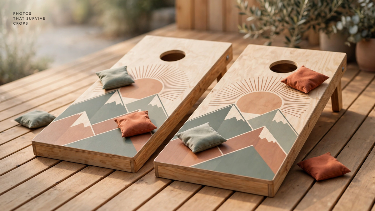 Two wooden cornhole boards with bold sun-and-mountain printed designs and beanbags on a wooden deck