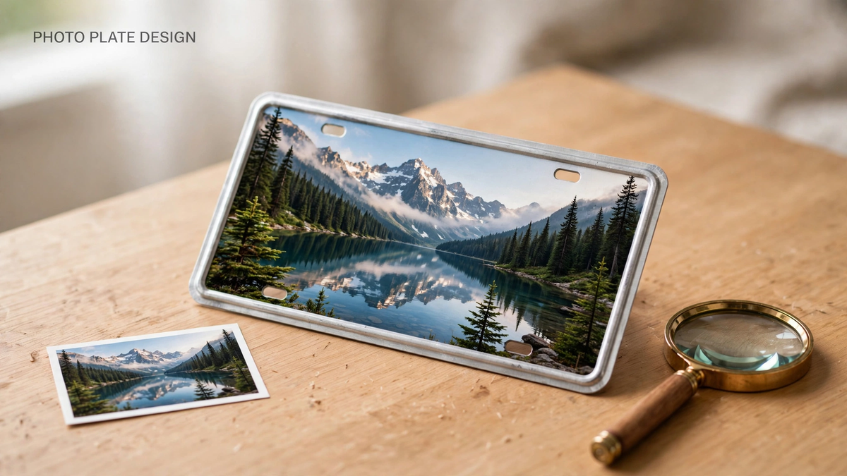 An aluminum novelty license plate printed with a mountain lake photo, beside a color proof card and magnifying glass on a wooden table.