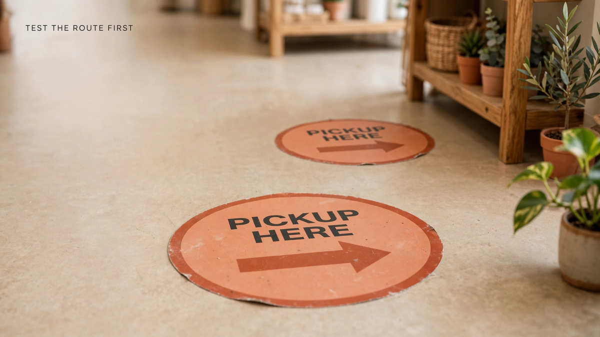 Round Pickup Here floor decals with arrows marking a path across a retail floor