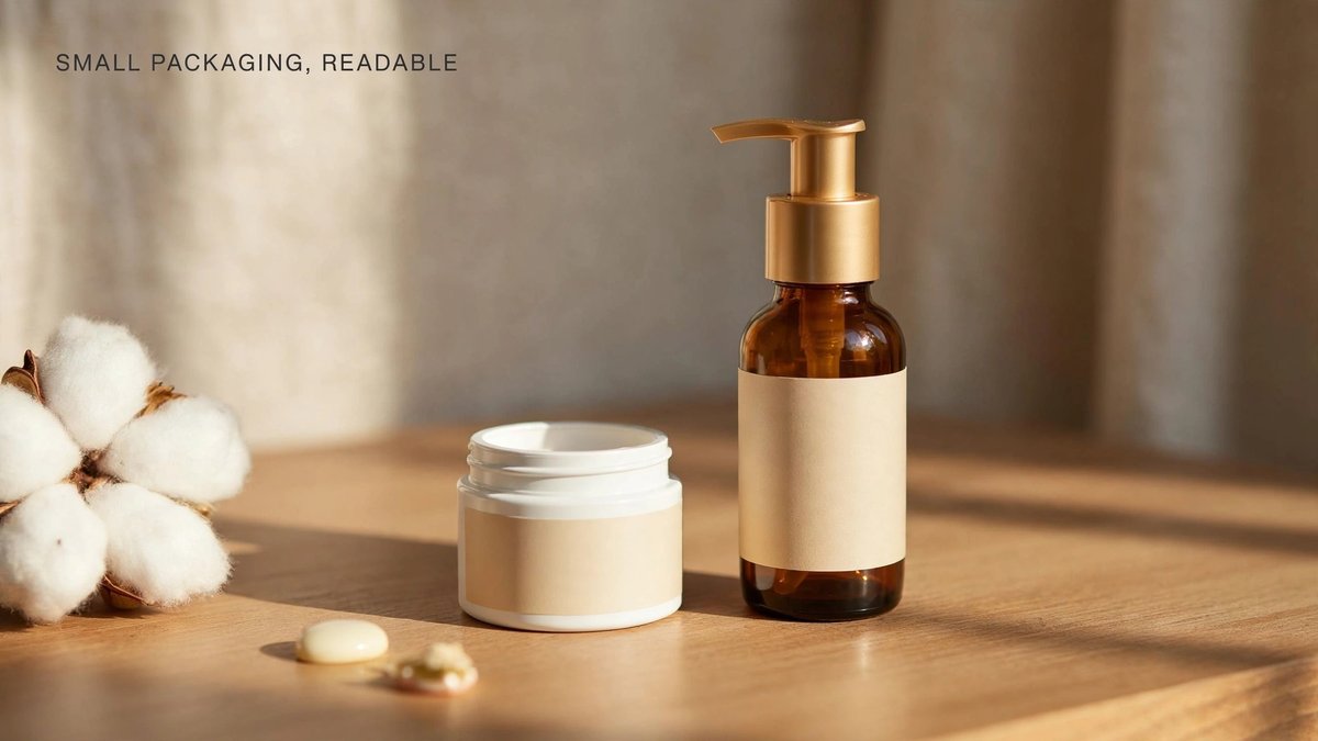 Small amber pump bottle and white cosmetic jar with blank minimal labels