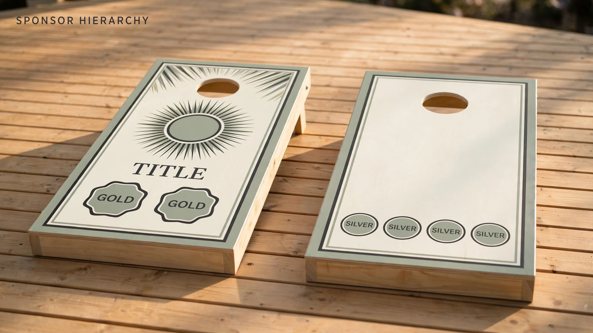 Two cornhole boards with a tiered sponsor layout showing TITLE, GOLD and SILVER badge levels