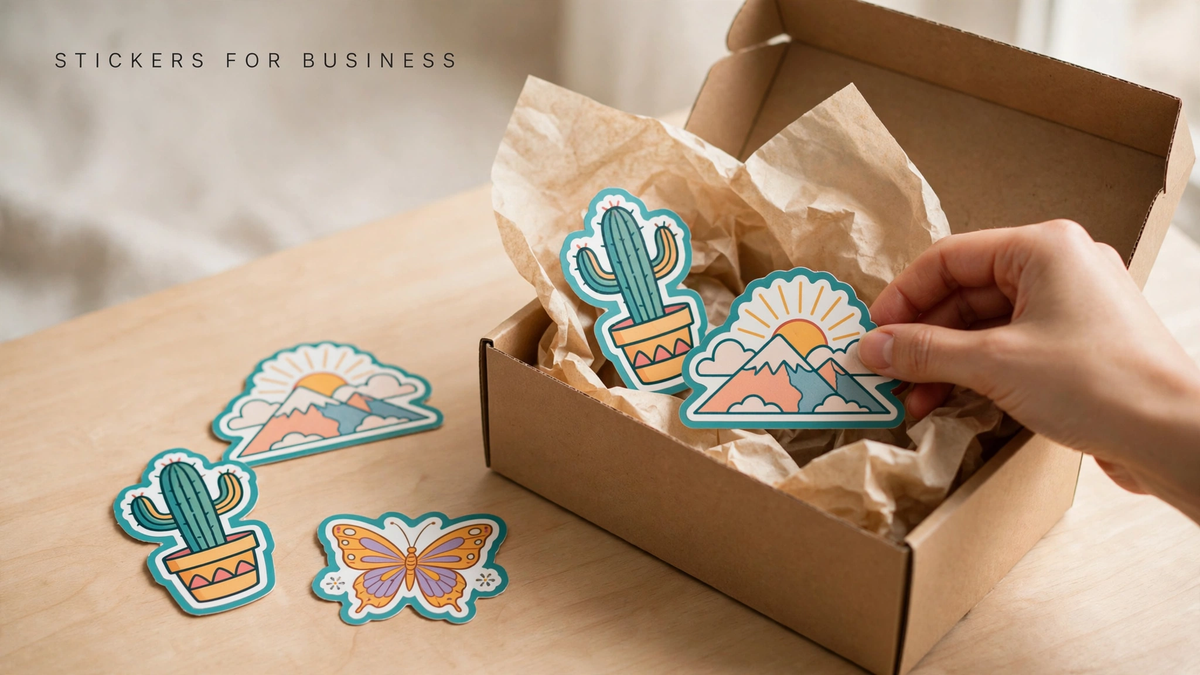 A hand placing die-cut stickers into a kraft mailer box with tissue paper for small business packaging.