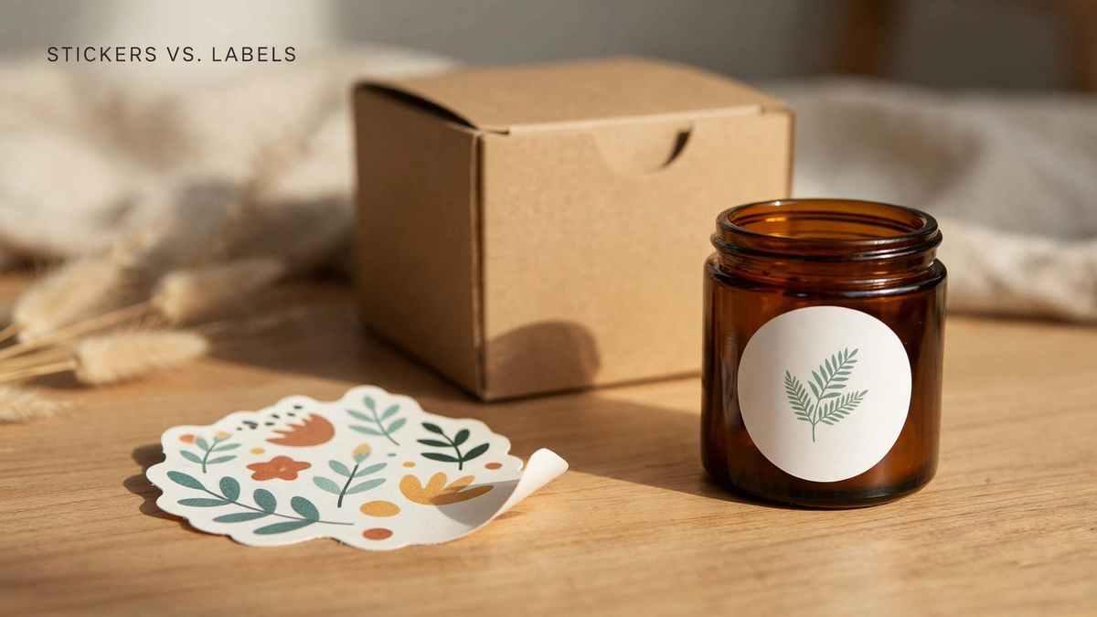A die-cut botanical sticker beside an amber jar with a round vinyl label and a kraft box.
