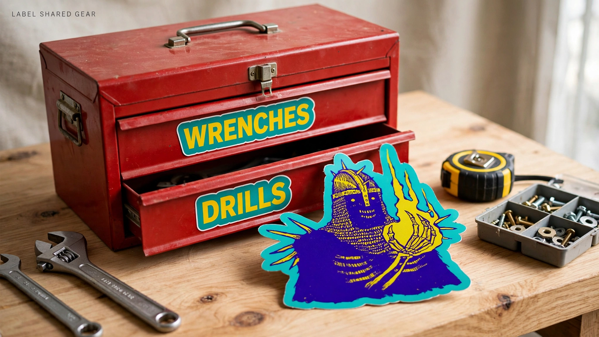 Red metal toolbox with WRENCHES and DRILLS die-cut identification stickers on its drawers, beside wrenches and a tape measure