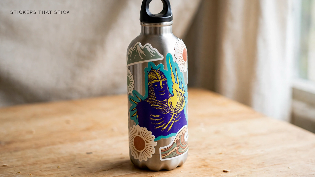 A stainless steel water bottle wrapped with die-cut vinyl stickers of mountains, sun, and waves around its curves.