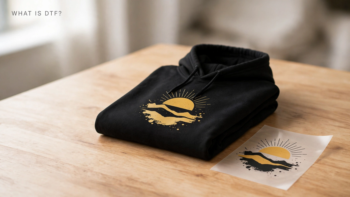 Folded black hoodie with a printed sun graphic beside a DTF transfer film sheet