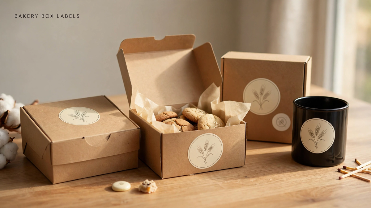 Kraft bakery gift boxes with wheat-motif labels, one open showing cookies in tissue paper.
