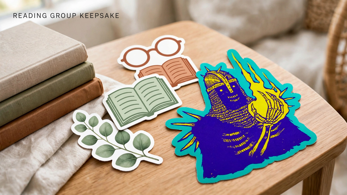 Die-cut book, glasses, and leaf stickers fanned beside a stack of hardcover books