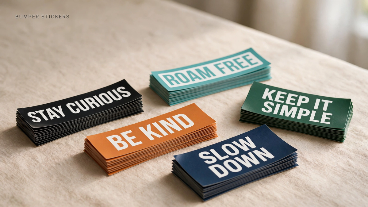 Stacks of rectangular bumper stickers with bold readable text designs on a neutral table.