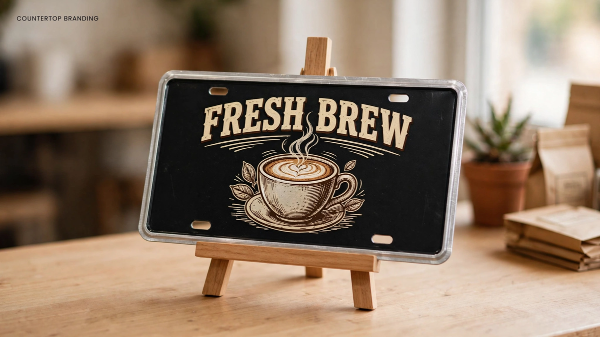 Black aluminum novelty plate with a coffee cup illustration reading FRESH BREW on a wooden easel at a shop counter