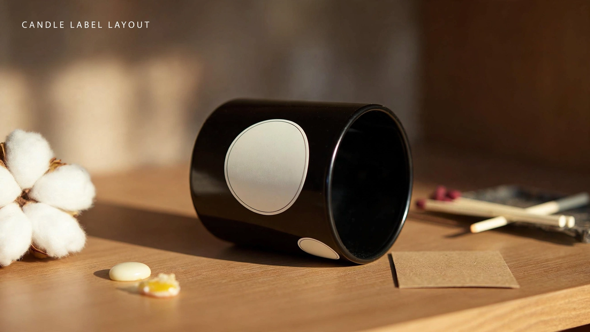 Black candle vessel tipped to show its base label, with a blank front label and kraft care card