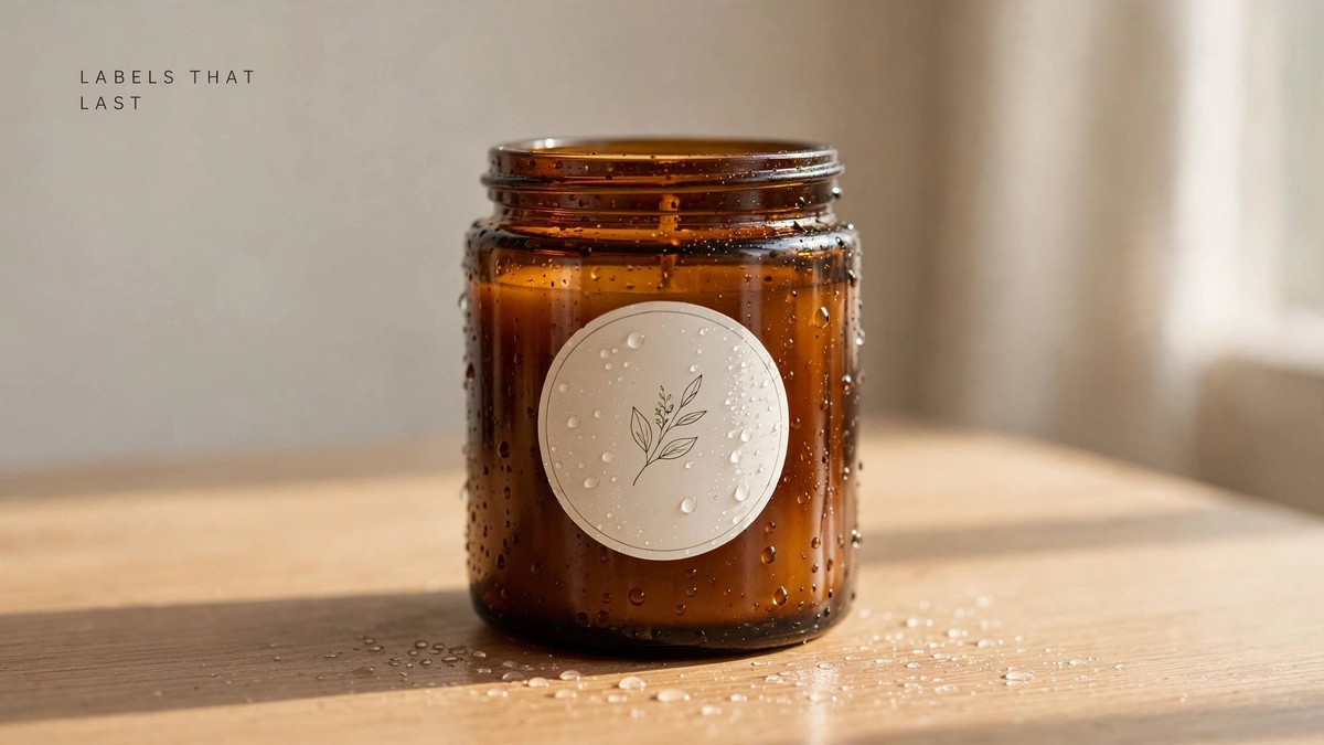An amber jar with a round vinyl label covered in beading water droplets.