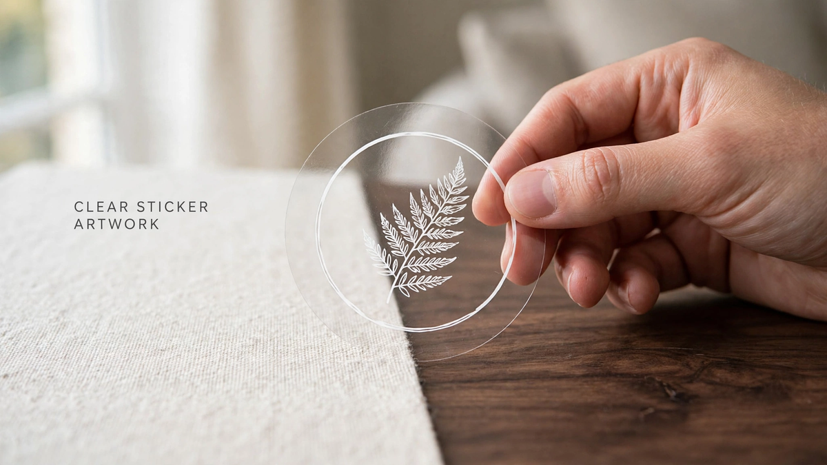 A hand holding a round transparent sticker with a white fern design over dark and light surfaces.