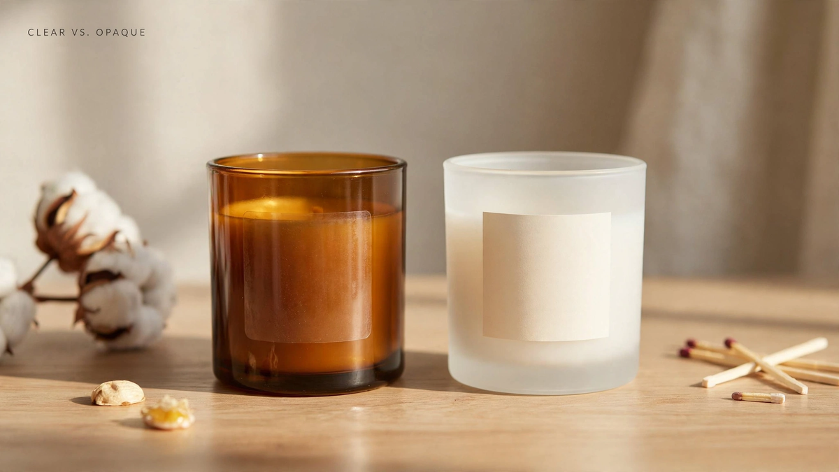 Amber glass jar with a clear label beside a frosted jar with an opaque label on a wood table