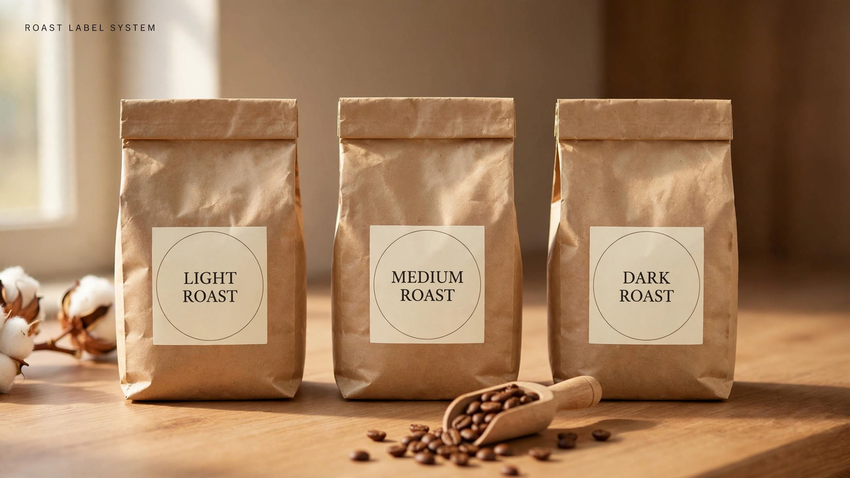 Three kraft coffee bags with LIGHT ROAST, MEDIUM ROAST, and DARK ROAST vinyl labels