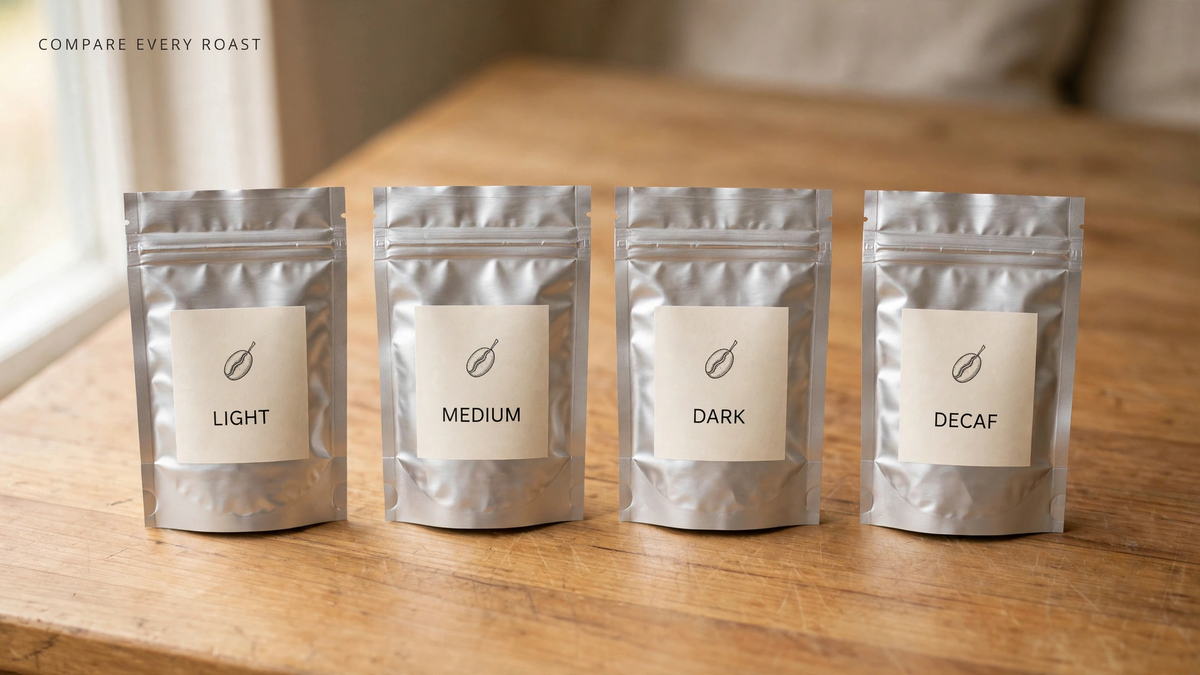 Four small silver mylar bags labeled Light, Medium, Dark, and Decaf in a row