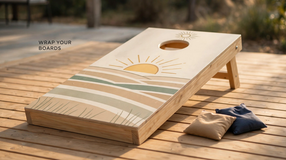 A cornhole board wrapped in a sun-and-field vinyl design stands angled on a wooden deck with two bean bags beside it.