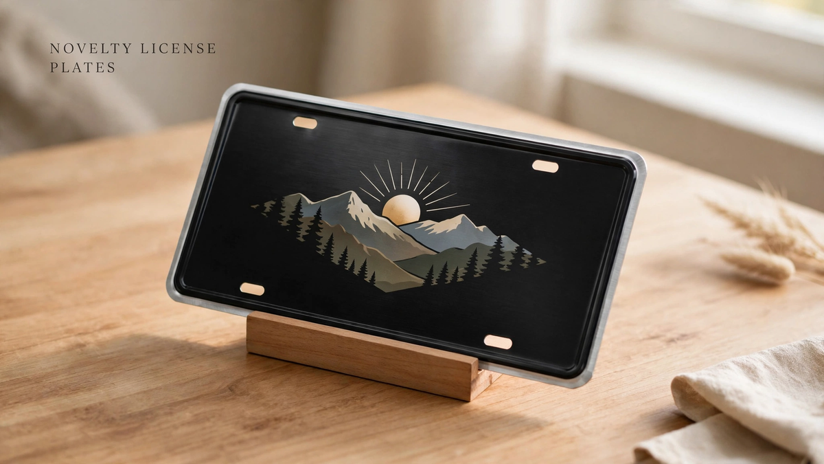 Black aluminum novelty license plate with a mountain design on a wooden stand