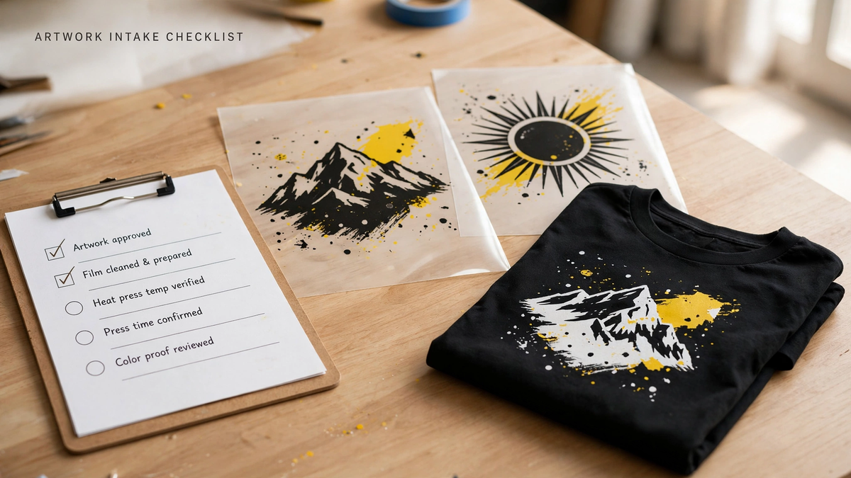 Clipboard with an artwork intake checklist beside DTF transfer film sheets and a pressed black t-shirt on a wood desk