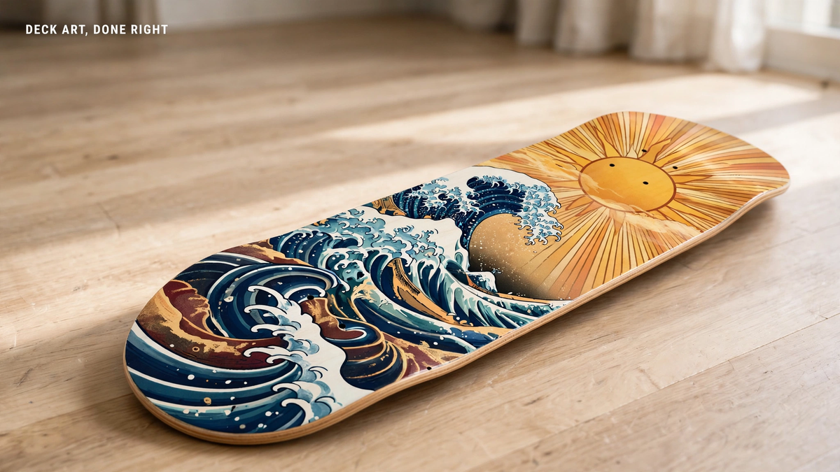 A custom skateboard deck printed with a wave and sun graphic lies diagonally on a light wooden floor.