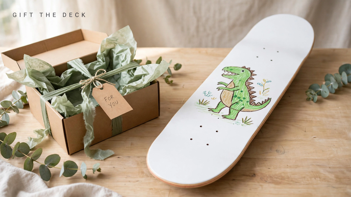 Custom skateboard deck with a dinosaur illustration beside an open kraft gift box with a FOR YOU tag