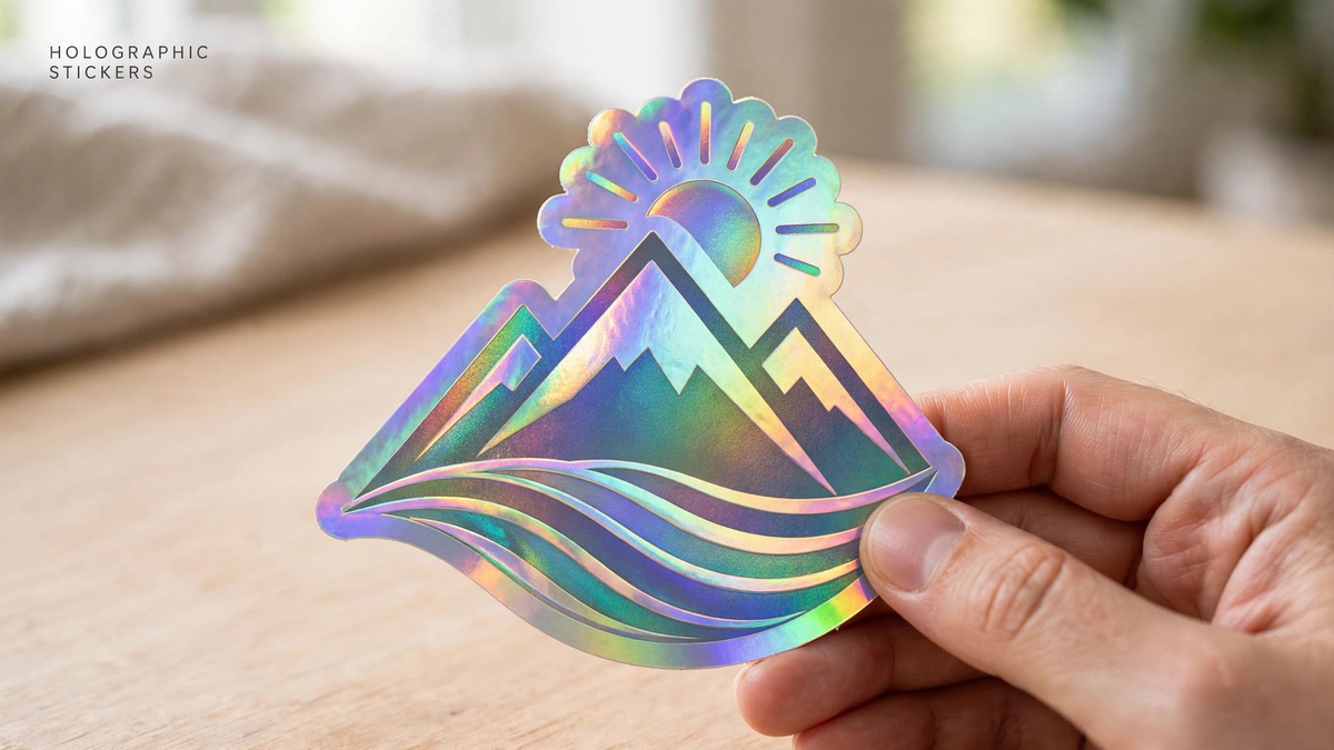 A hand holding a holographic die-cut sticker with a mountain and sun design catching rainbow light.