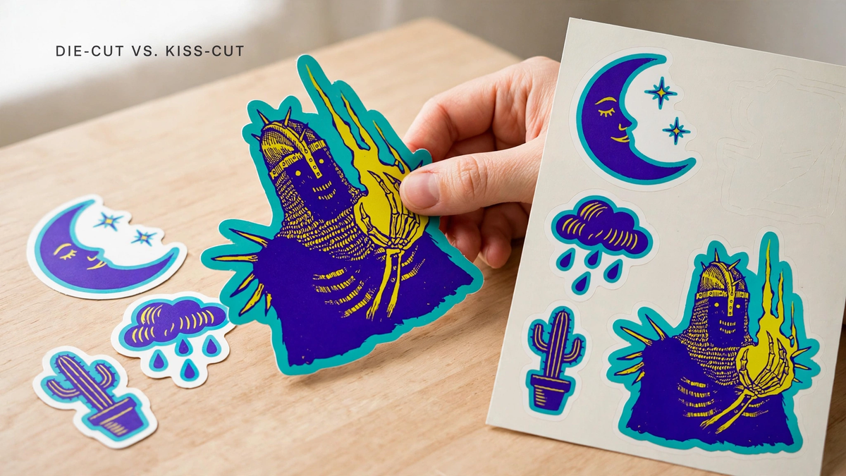A hand lifting a die-cut sticker beside a kiss-cut sticker sheet on a wood table.