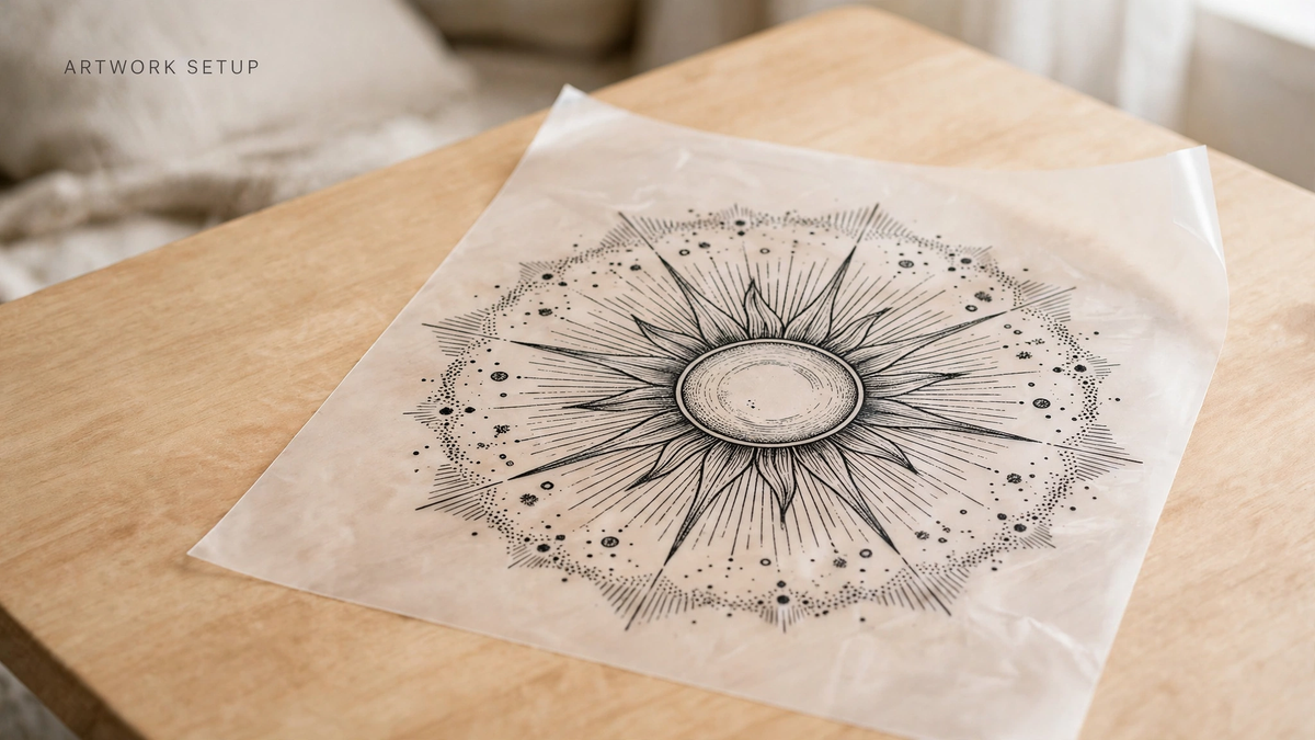 Close-up of a DTF transfer film with a finely detailed sun artwork