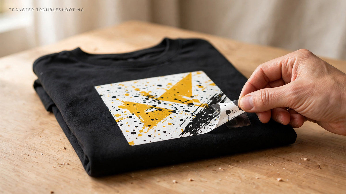 Hand inspecting a lifting transfer edge on a black t-shirt