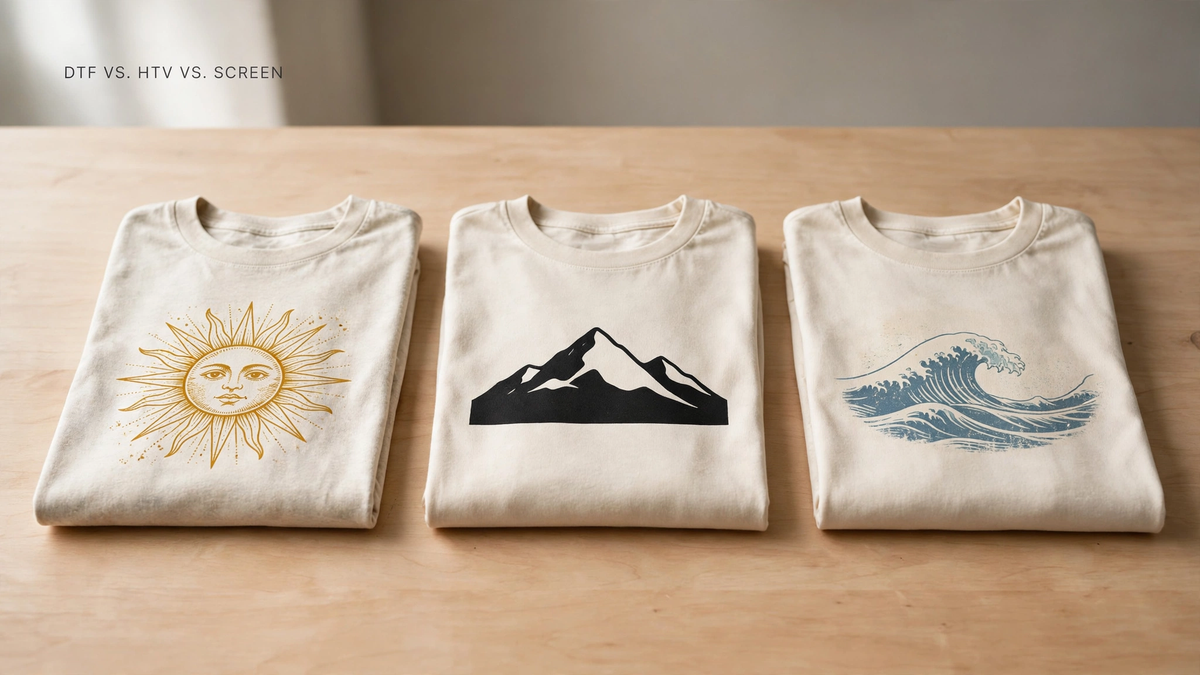 Three folded t-shirts with different printed graphic styles side by side