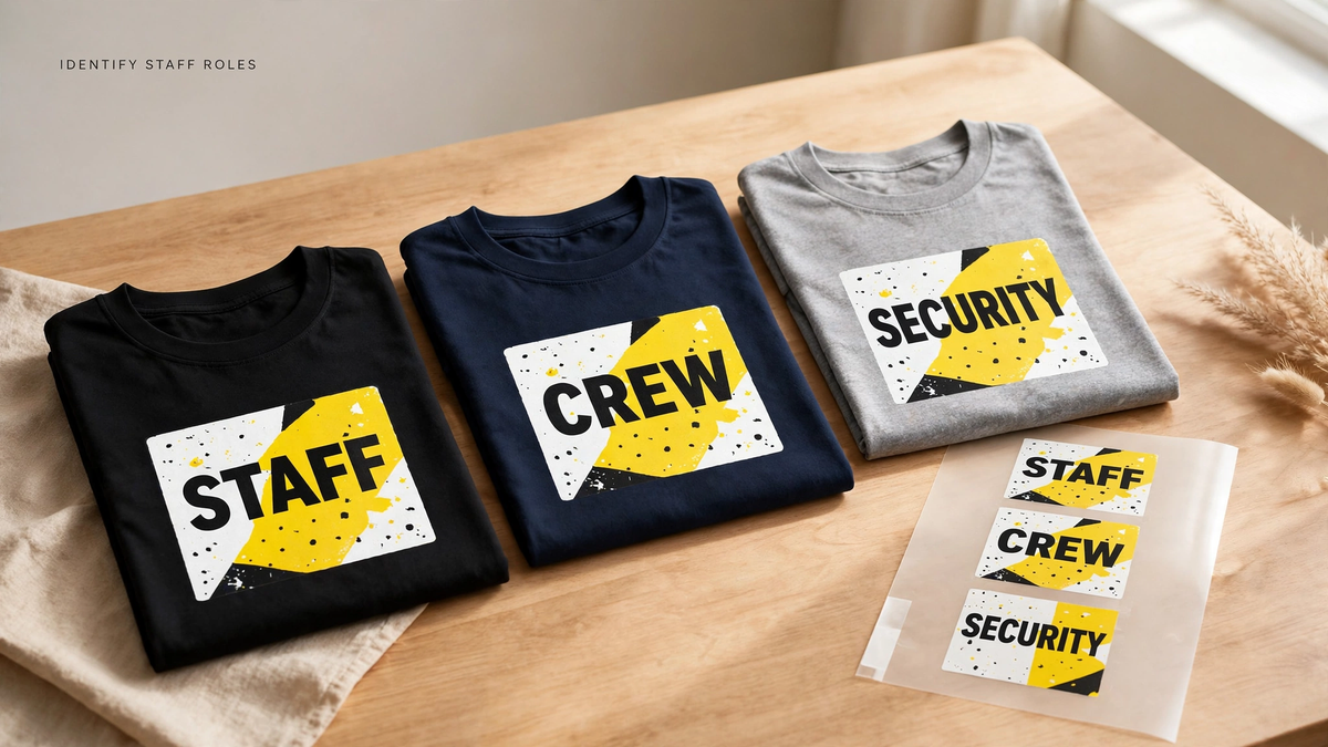 Three folded t-shirts with bold STAFF, CREW and SECURITY DTF prints beside transfer film sheets on a light wood table