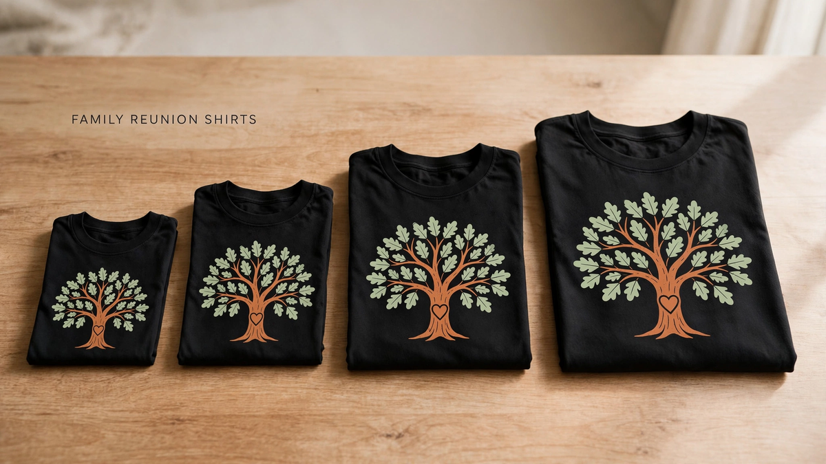 Four graduated shirt sizes with matching oak-tree and heart reunion prints.