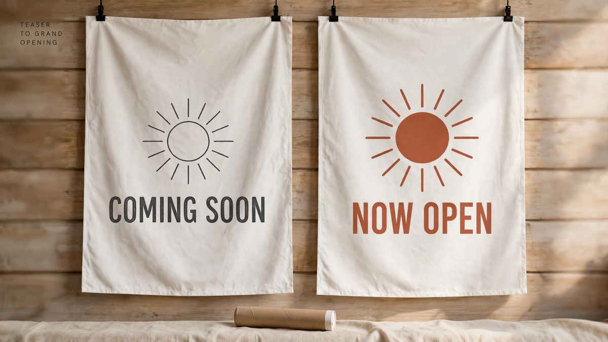 Two fabric banners reading Coming Soon and Now Open hanging on a wooden wall