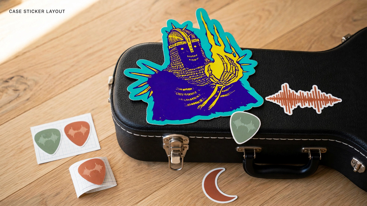 Die-cut stickers arranged in a planned layout around the handle and latches of a black guitar case