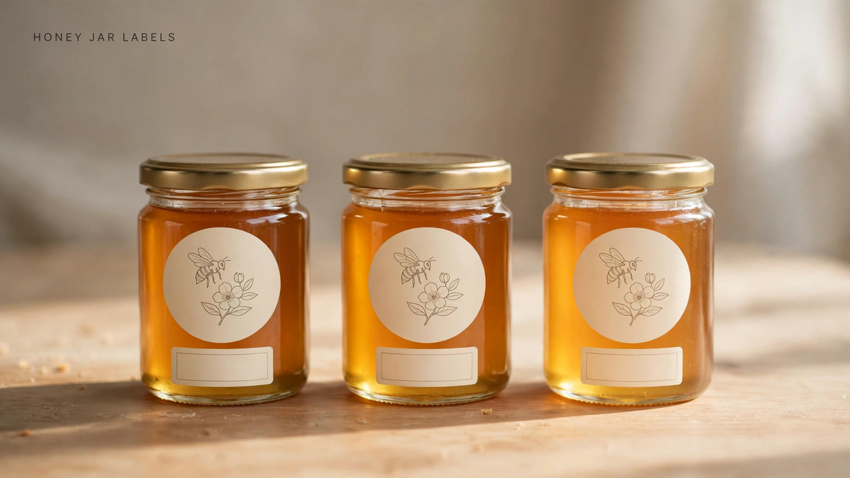Three glass honey jars with round brand labels and smaller batch-detail labels on a wooden table.