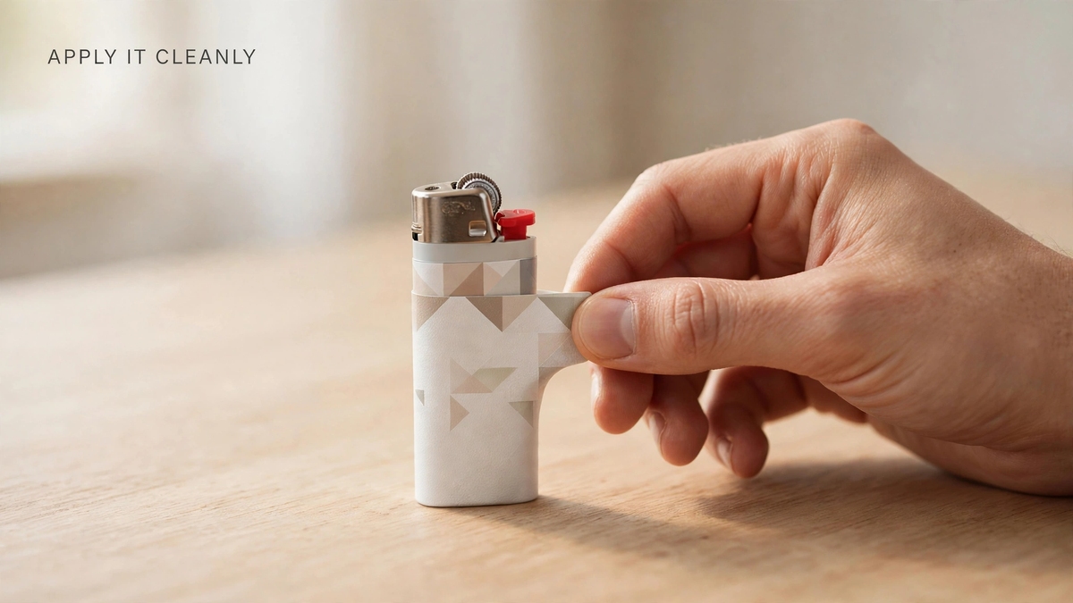 A hand slides a printed geometric vinyl wrap sleeve halfway onto a disposable lighter on a wooden table.