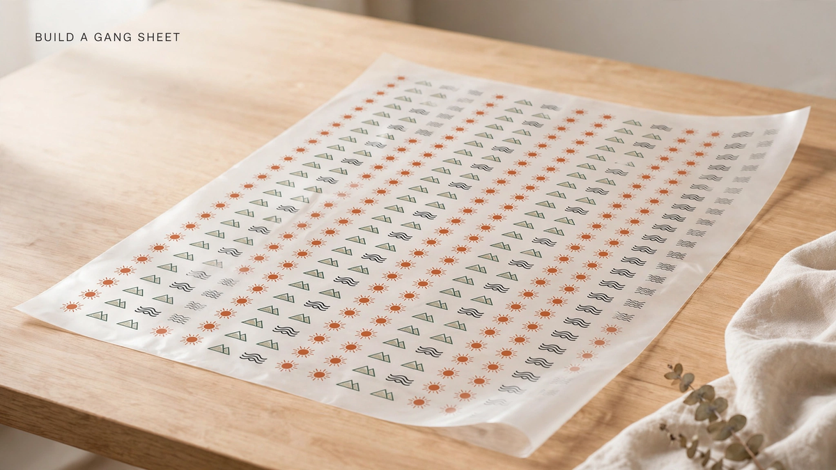 Large DTF gang sheet densely packed with small sun, mountain, and wave graphics
